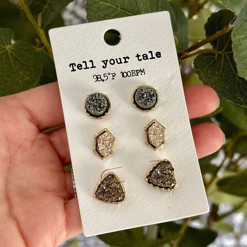 Druzy Stud Earrings Gold Gray Silver Post Boho Gem Stone Statement Jewelry 3 Set